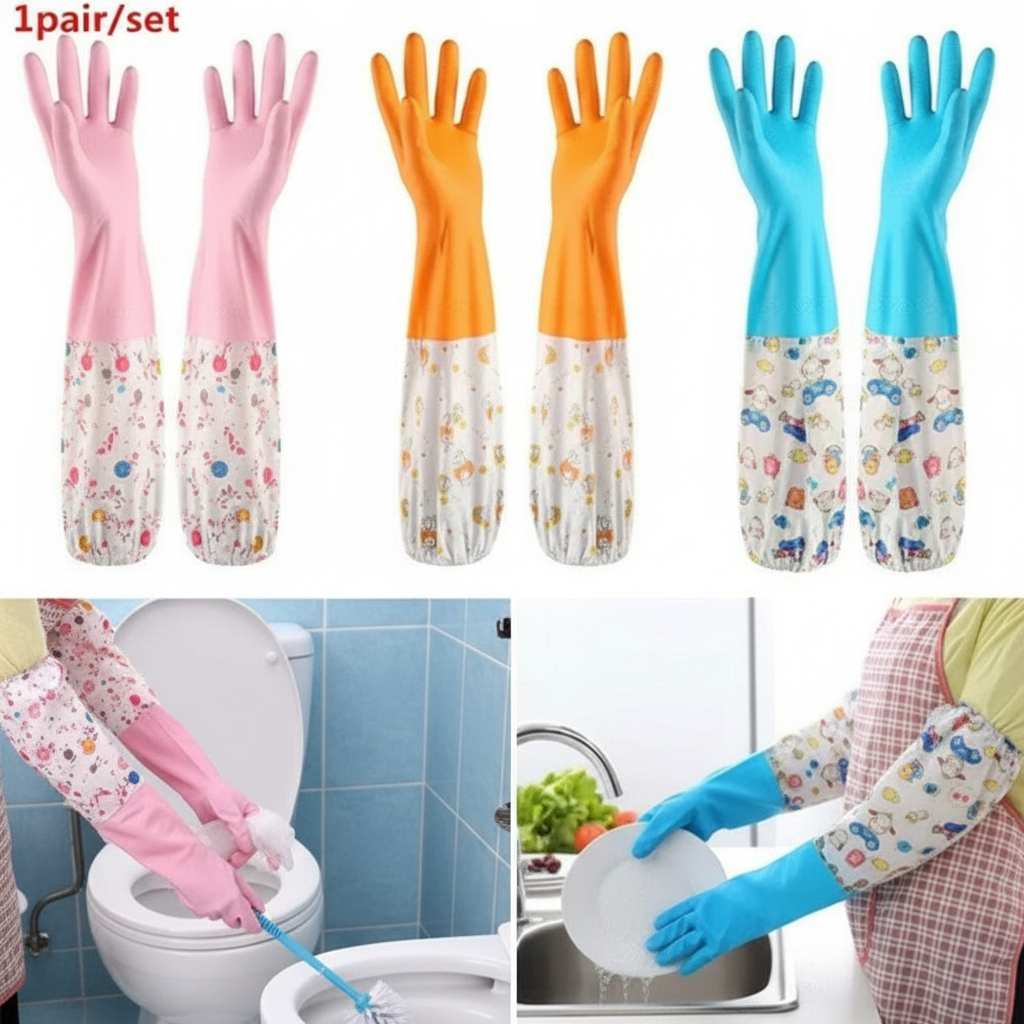 Dish Glove Rubber - Cartoon Print Long Rubber Gloves Anti-Skid